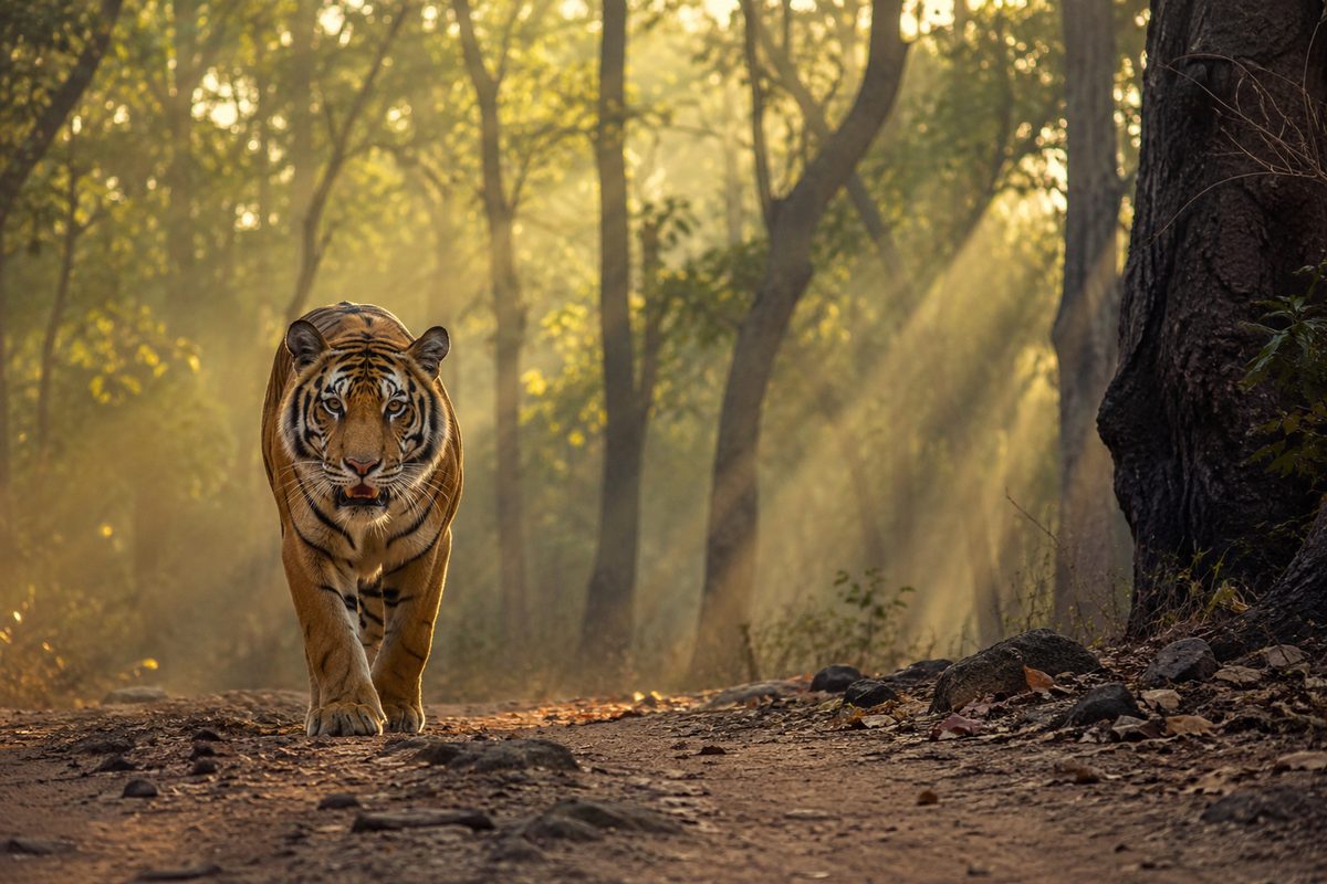 Tiger walking through forest at Ranthambore